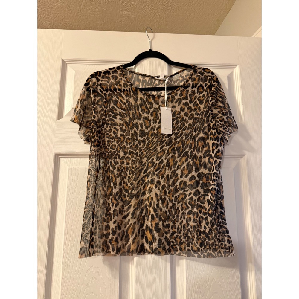Antistar Womens Leopard Print Mesh Sheer Short Sleeve Top XL New With Tags USA